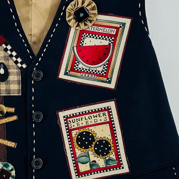 LAGENLOOK GARDEN Navy PATCHWORK Cottage Core FOLK ART Embellished Vest WOMENS M - Picture 4 of 5